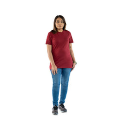 Woman wearing Pure Comfort Supima Cotton T-Shirt in Ruby Dusk – front view of premium soft breathable women’s t-shirt.