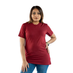 Woman wearing Pure Comfort Supima Cotton T-Shirt in Ruby Dusk – front view of premium soft breathable women’s t-shirt.
