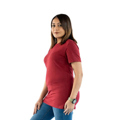 Side view of Supima Cotton Round Neck T-Shirt in Ruby Dusk – luxury women’s basic tee with flattering fit.