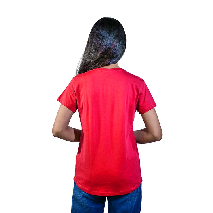 Model Wearing Everyday Round Neck T-Shirt in Scarlet Flame - Vibrant Women's Outfit