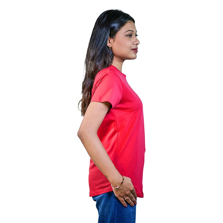 Model Wearing Everyday Round Neck T-Shirt in Scarlet Flame - Vibrant Women's Outfit